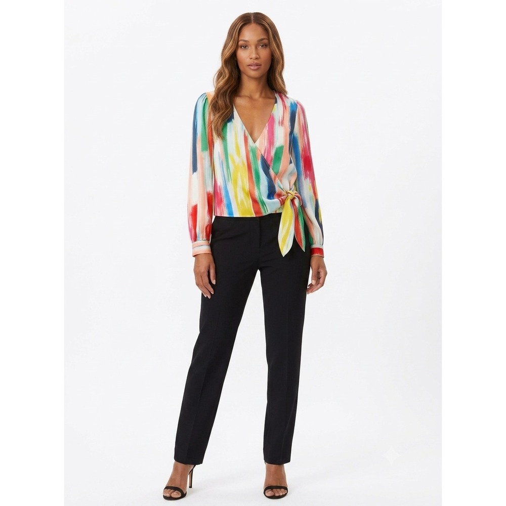Milly Watercolor Brushstroke Top Womens L Multicolor Knot Hem Puff Sleeve 55BT71